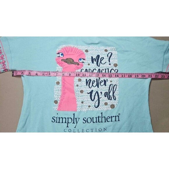 Simply Southern Long Sleeve "Me? Sarcastic? Never Y'all" Pink Ostrich Emu Sz M - Picture 6 of 7